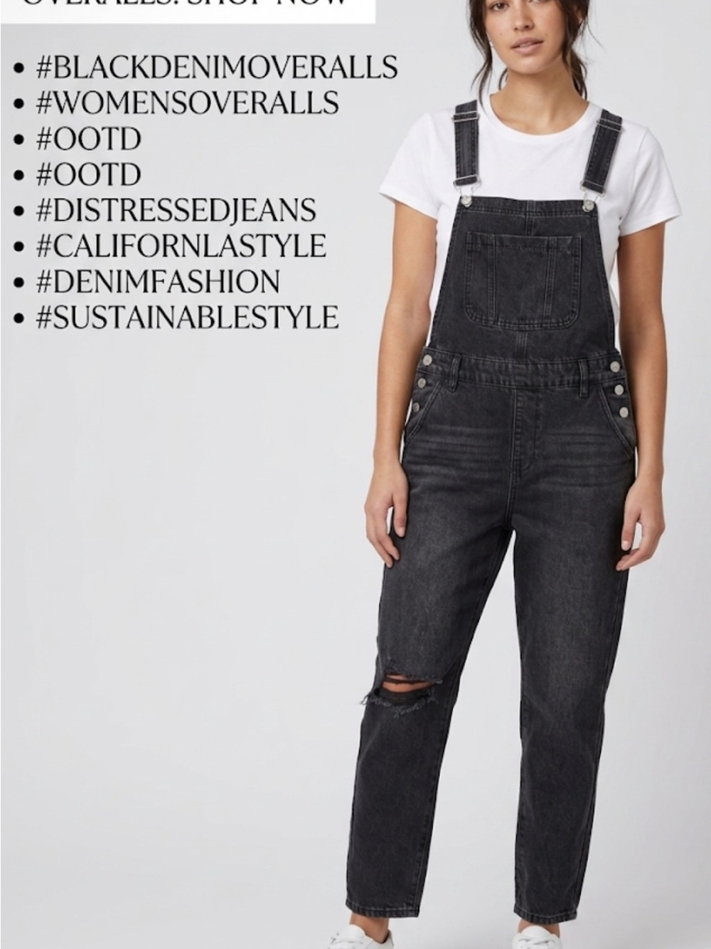 Women's Black Distressed Denim Overalls - Relaxed Fit